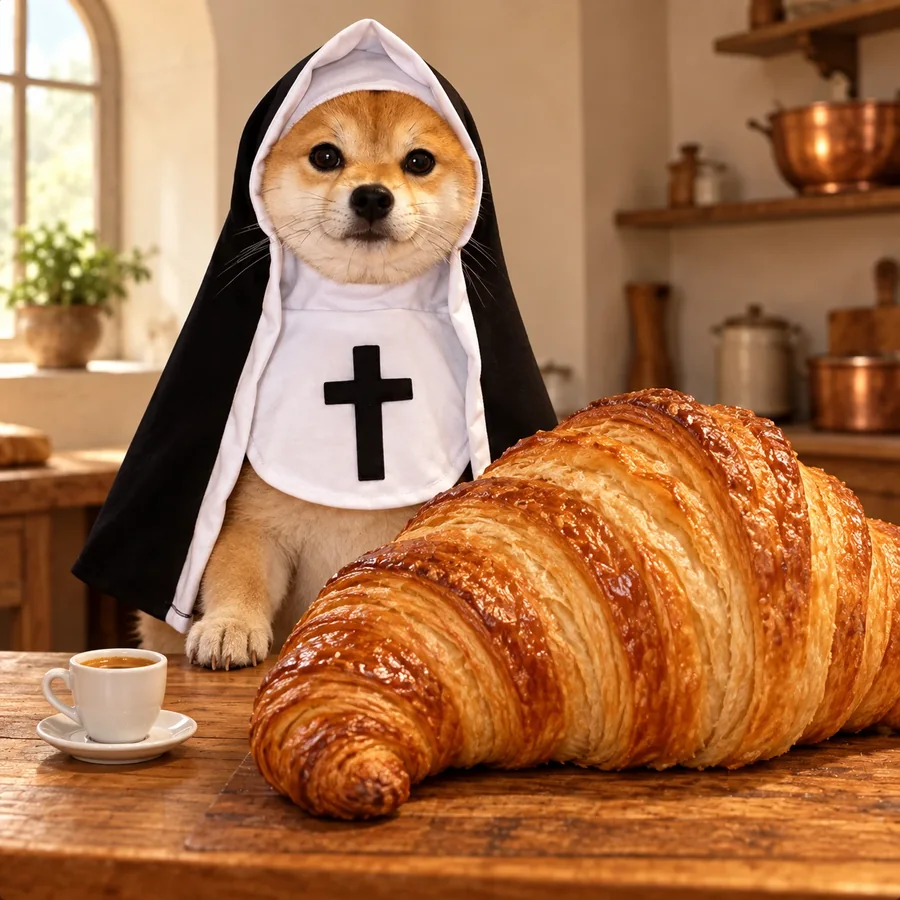 The shiba in the habit at a kitchen table behind an enormous croissant and a tiny espresso