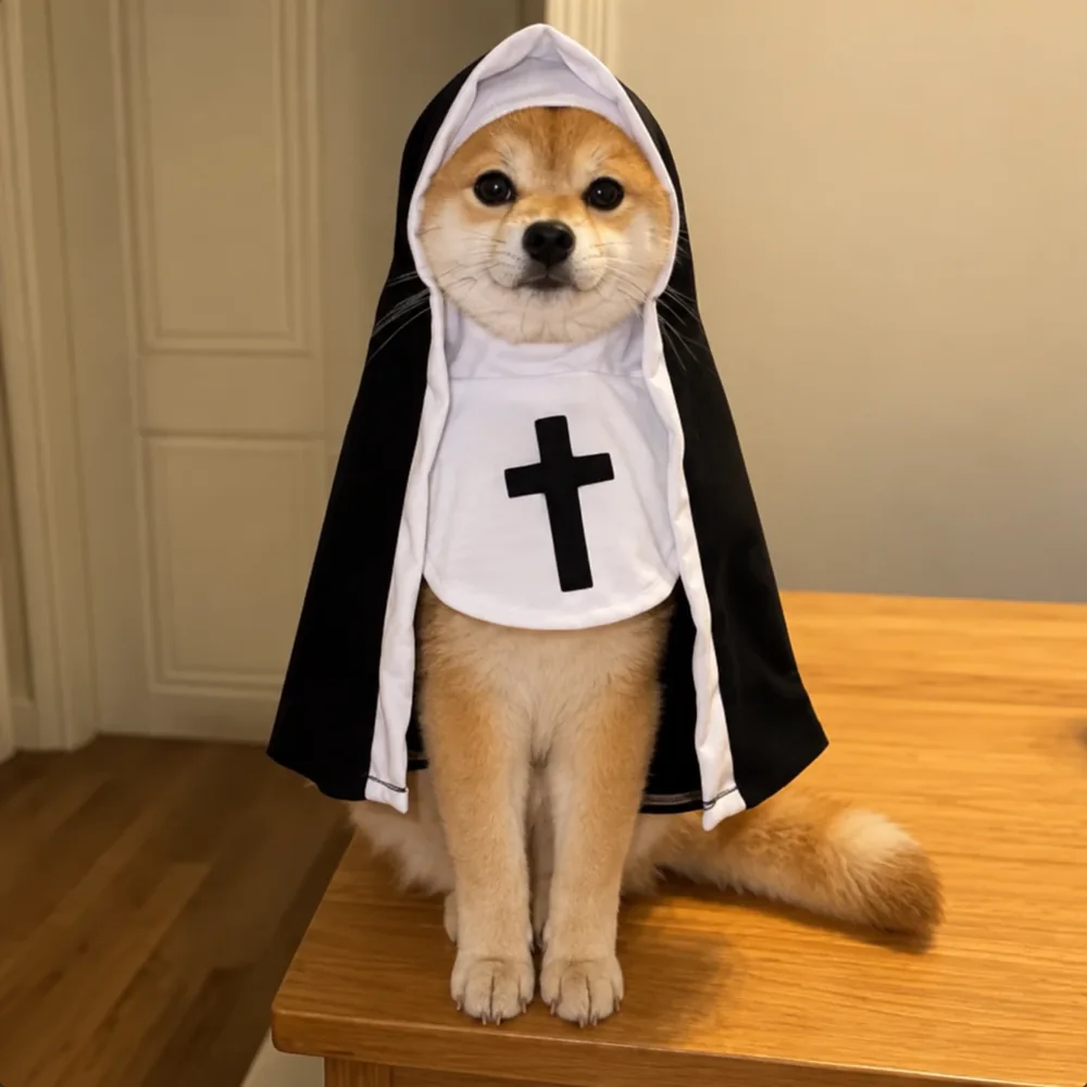 A shiba inu sitting upright on a table in a black and white nun's habit with a cross on the bib, looking straight at you